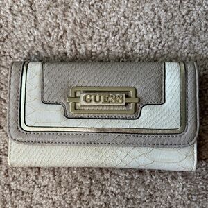 GUESS Taupe and Cream Continental Wallet with Gold Logo Plaque
